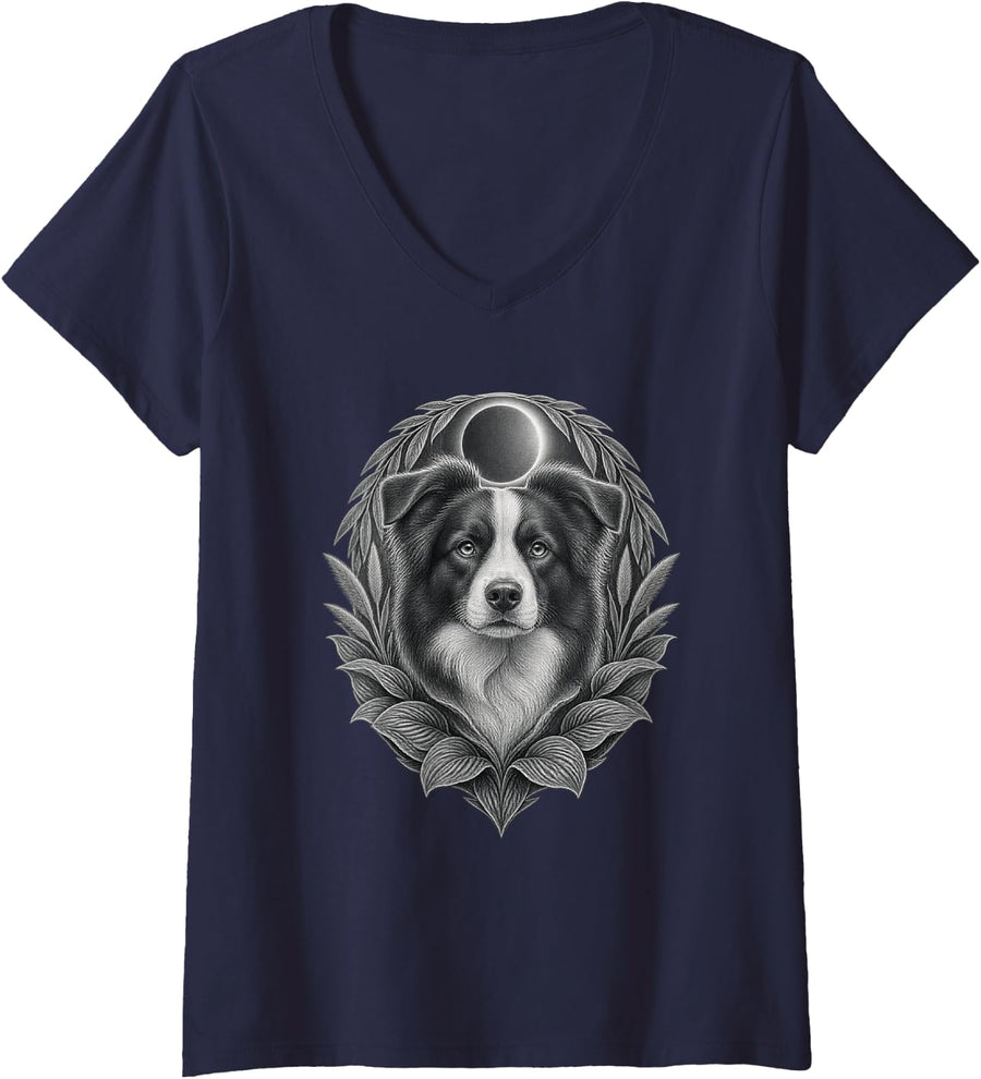Women's Border Collie with Botanical Wreath and Eclipse Halo V-Neck T-Shirt - Navy Blue