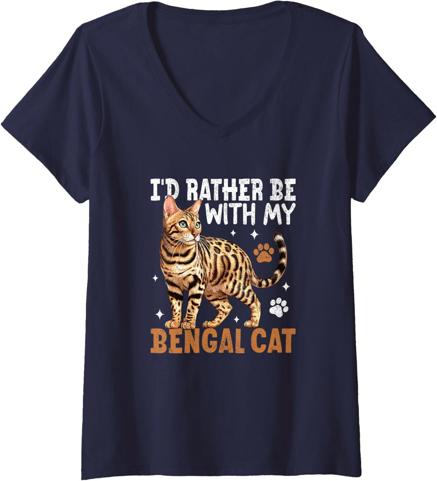 Women's I'd Rather Be with My Bengal Cat Funny Bengal Cat V-Neck T-Shirt - Navy Blue