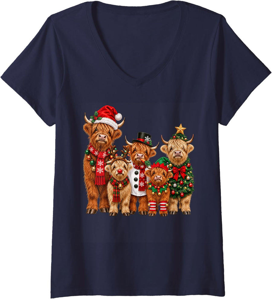 Women's Matching Family Christmas Highland Cow Holiday Costume V-Neck T-Shirt - Navy Blue