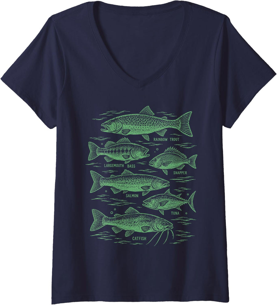 Women's Fish Species Fishing Fisherman Catfish Tuna Salmon Angler V-Neck T-Shirt - Navy Blue