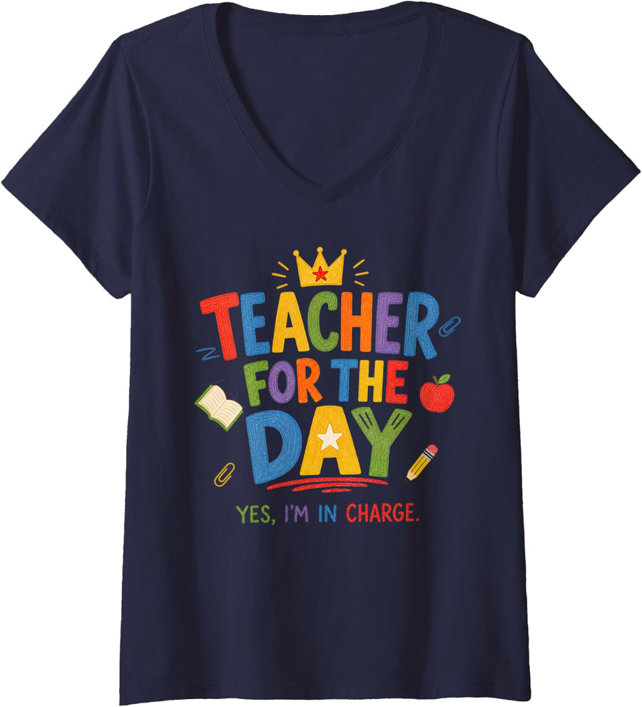 Women's Student Teacher for The-Day Retro Elementary School Kids Boy V-Neck T-Shirt - Navy Blue