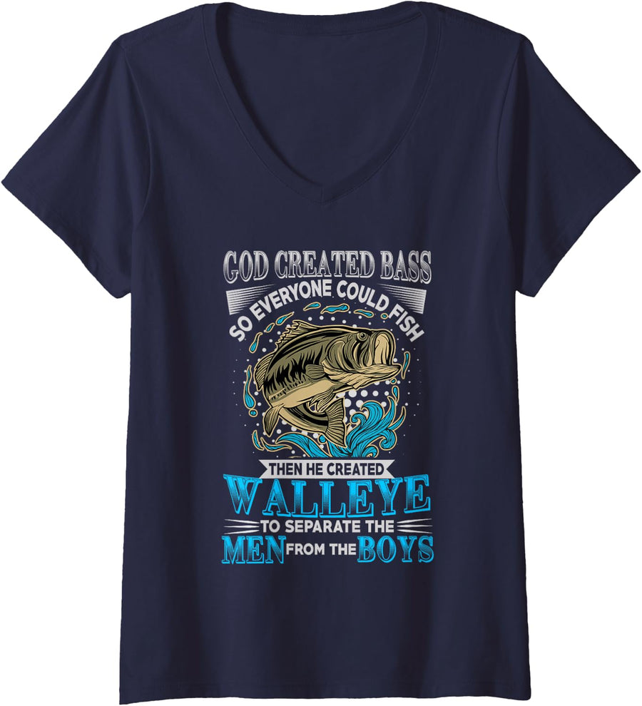 Women's God Created the bass so that Every Angler V-Neck T-Shirt - Navy Blue
