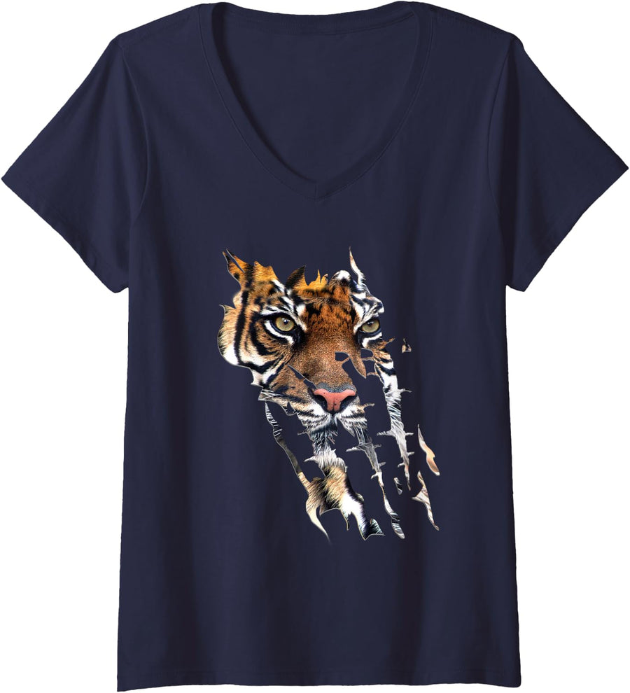 Womens Wild Cat Bengal Tiger Face Claw Marks V-Neck T-Shirt - Navy Blue