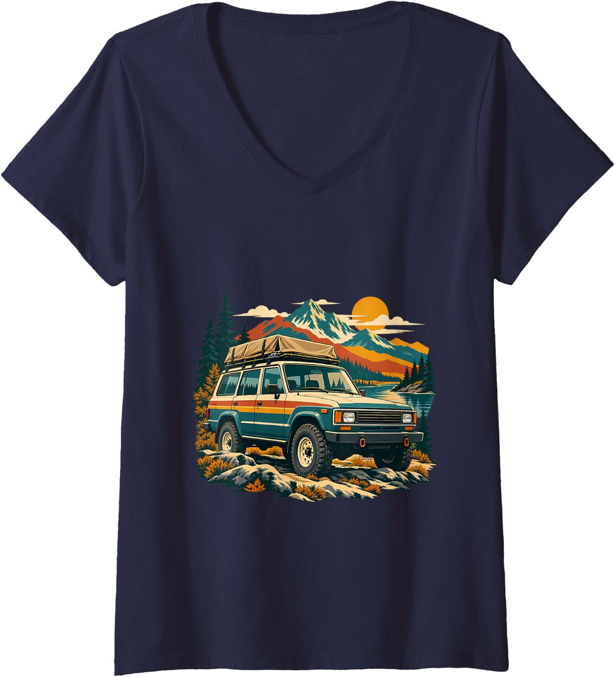 Women's Vintage Overlanding 4x4 Off Road Mountain Adventure V-Neck T-Shirt - Navy Blue