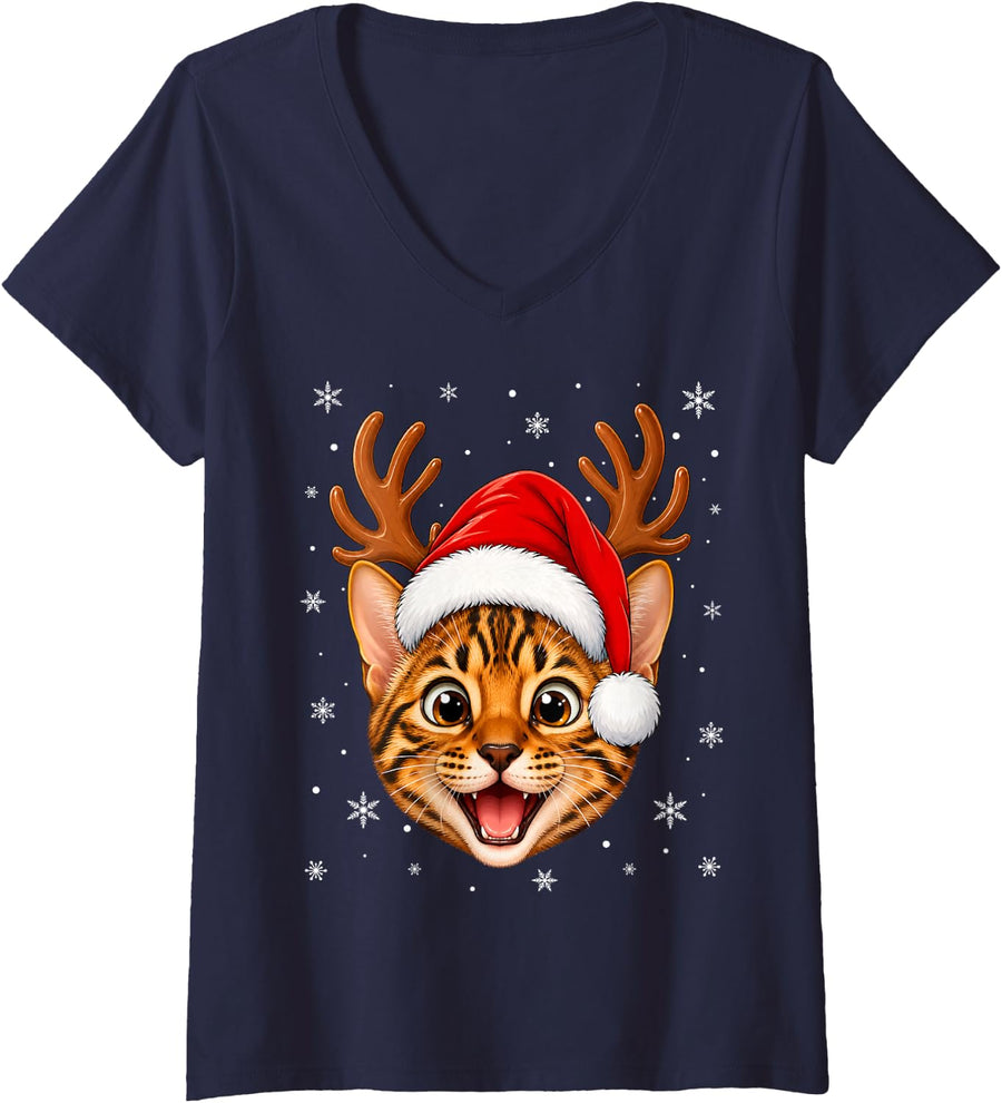 Women's Cute Animal Reindeer Horn Santa Bengal Cat Christmas V-Neck T-Shirt - Navy Blue