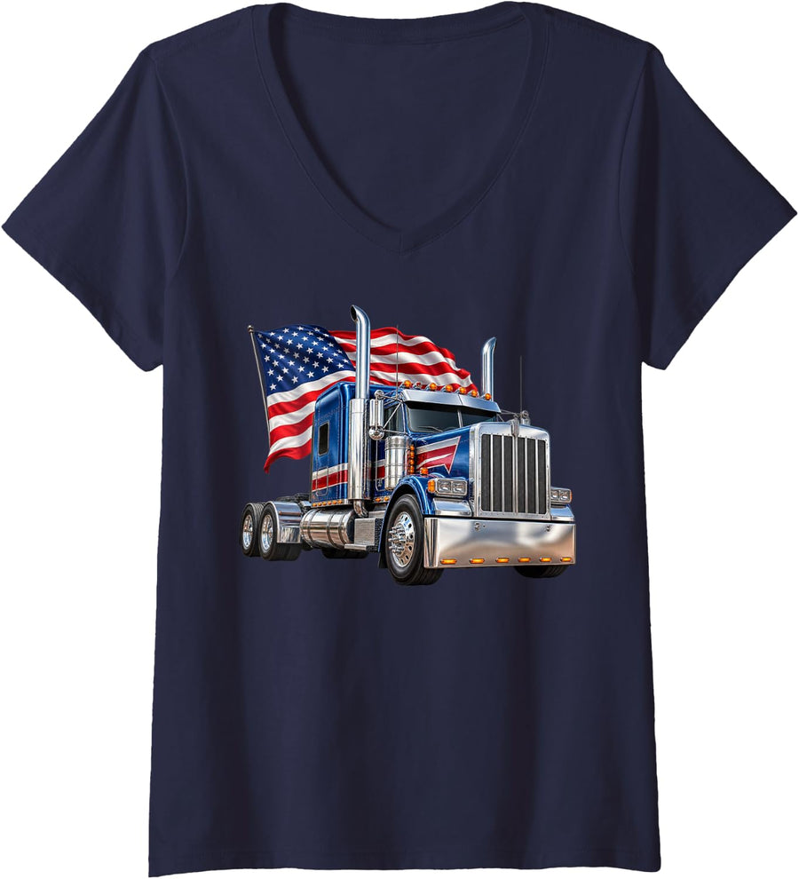 Women's Patriotic Truck Driver USA Flag 4th of July Trucking V-Neck T-Shirt - Navy Blue