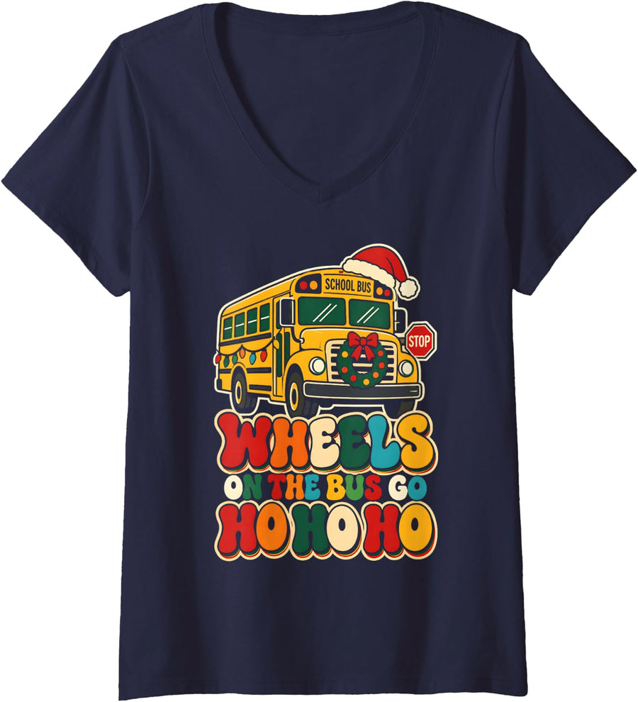 Women's Wheels On The Bus Go Ho Ho Ho School Bus Driver Christmas V-Neck T-Shirt - Navy Blue