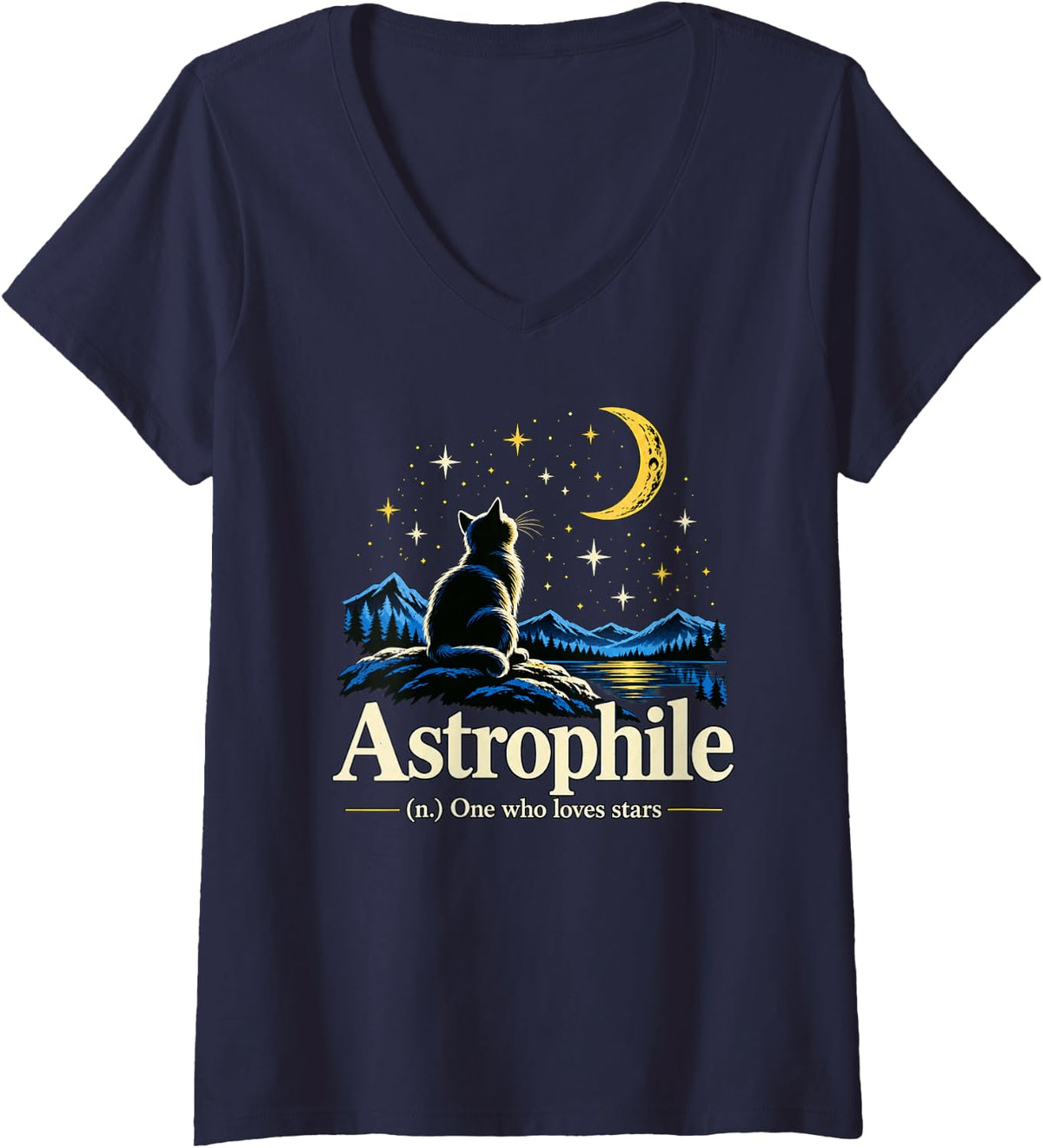 Women's Astrophile Definition One Who Loves Stars Cat Astronomy Fan V-Neck T-Shirt - Navy Blue