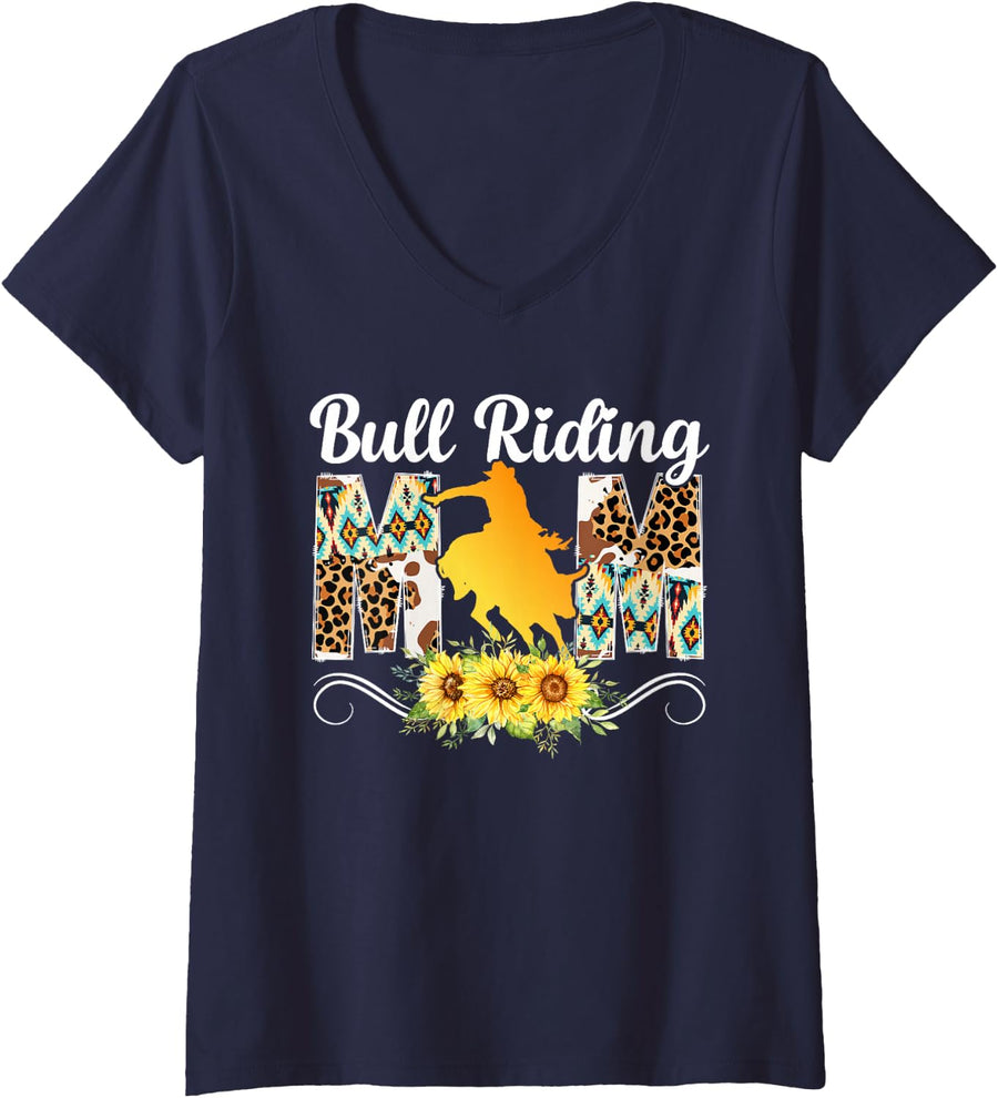 Women's Bull Riding Mom of A Bull Rider Mom Bull Riding Mother V-Neck T-Shirt - Navy Blue