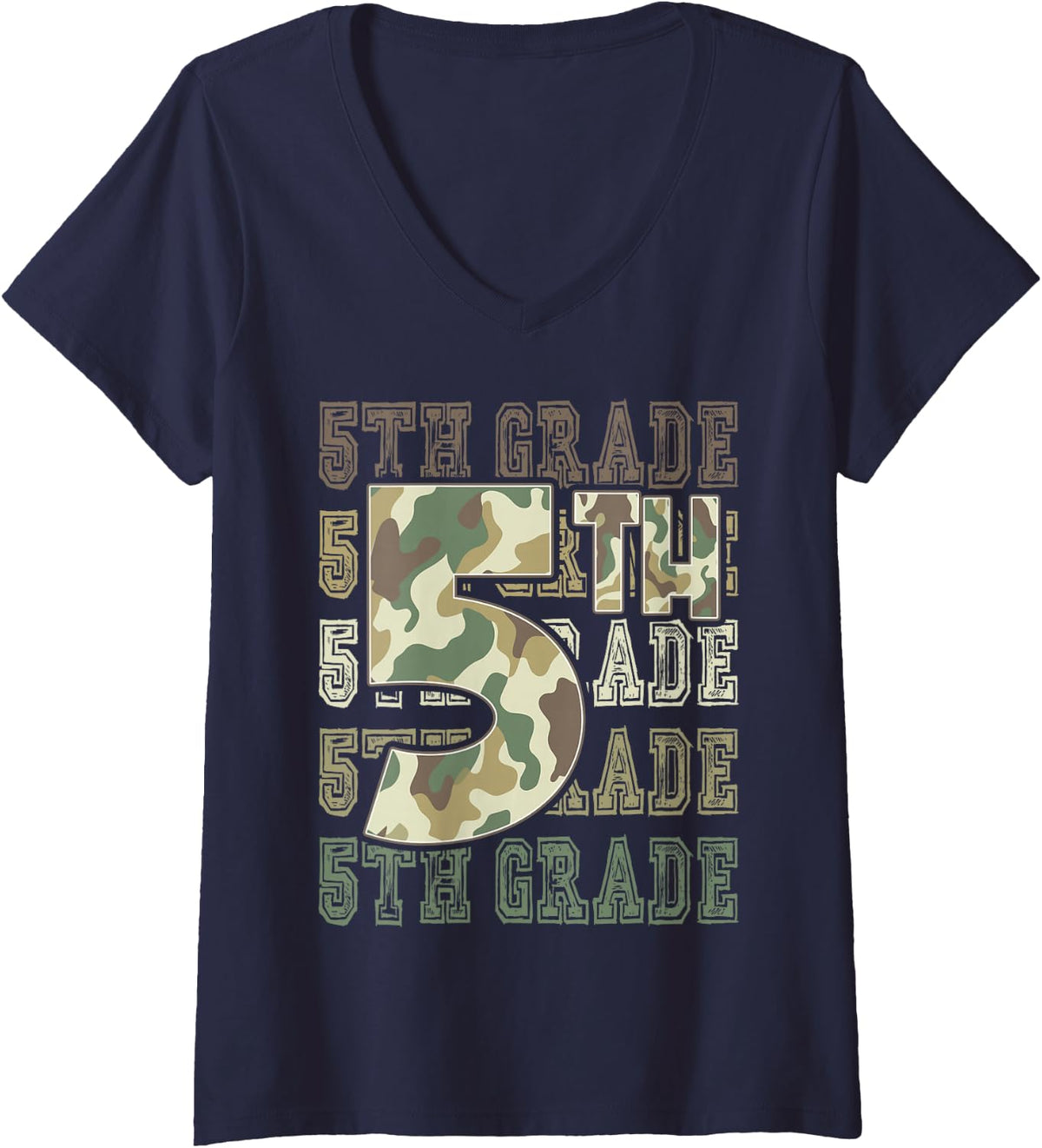 Women's Camo 5th Grade Squad First Day of School Boy Girl Teacher V-Neck T-Shirt - Navy Blue