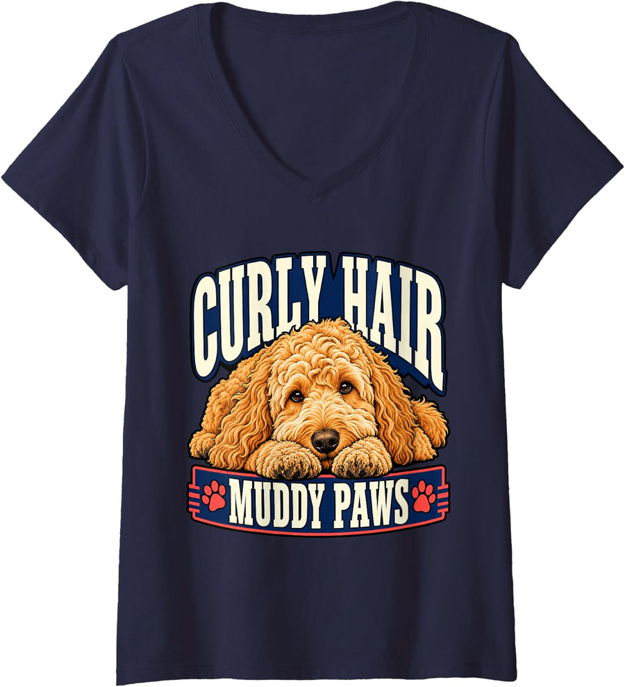 Women's Goldendoodle Curly Hair Muddy Paws Dog Mom Funny Pup V-Neck T-Shirt - Navy Blue