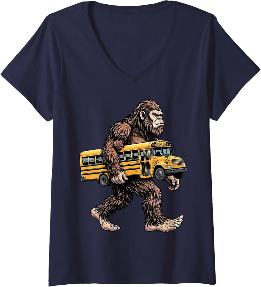 Women's Bigfoot Carrying School Bus Funny Sasquatch Back to School V-Neck T-Shirt - Navy Blue