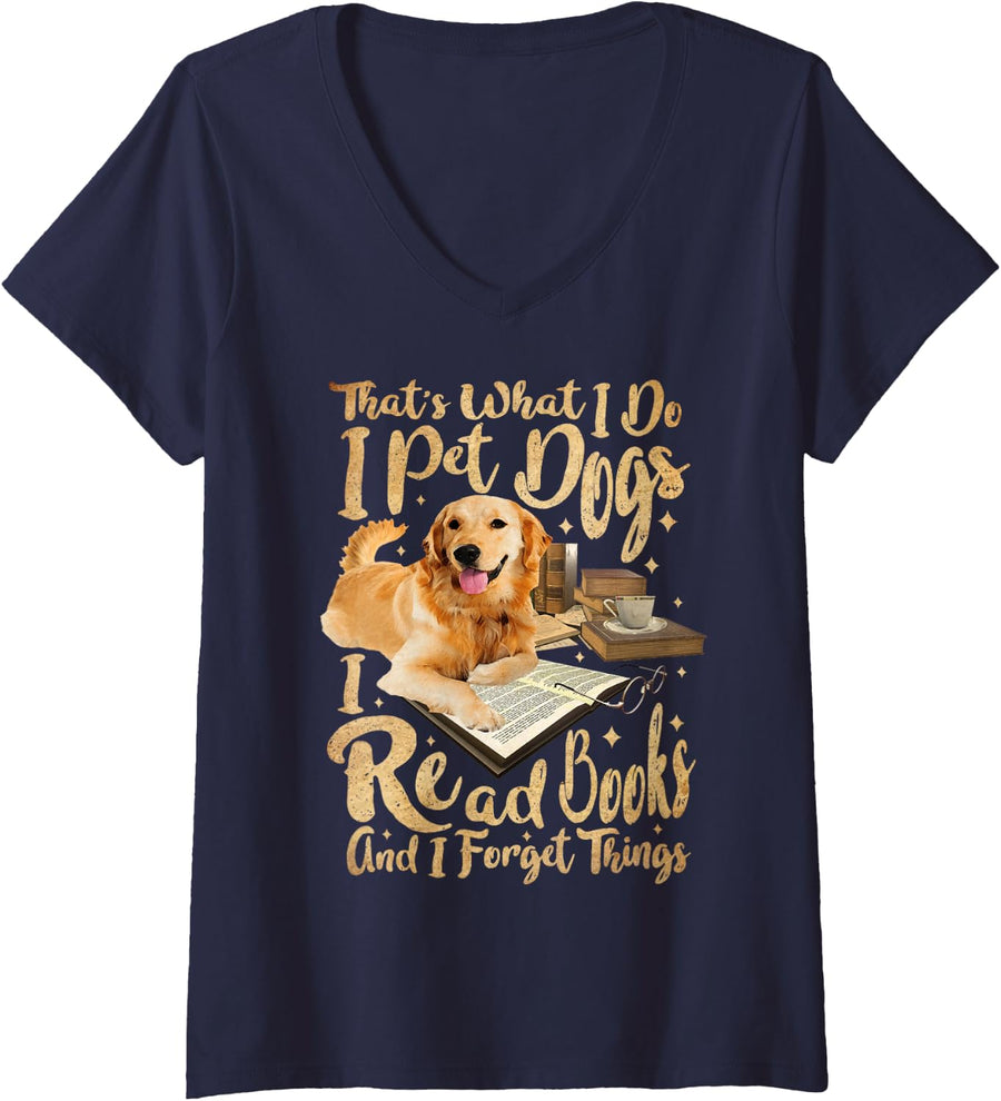Women's That's What I Do I Pet Dogs I Read Books Dog Lover V-Neck T-Shirt - Navy Blue