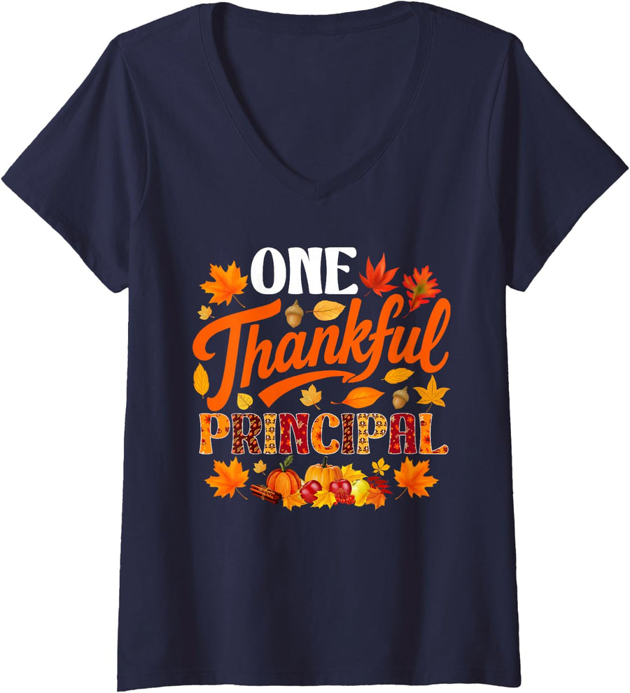 Women's One Thankful Principal Funny Fall Autumn Thanksgiving V-Neck T-Shirt - Navy Blue