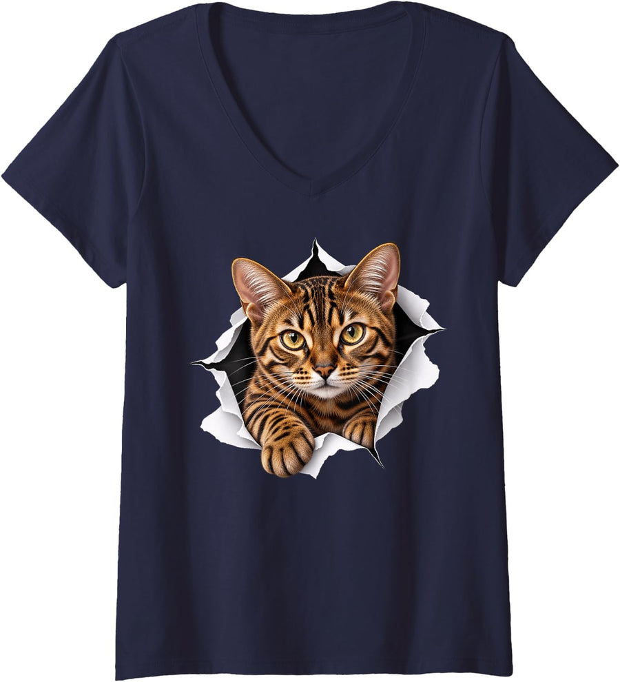 Women's Funny Bengal Cat Peeking Cute Mom Dad V-Neck T-Shirt - Navy Blue