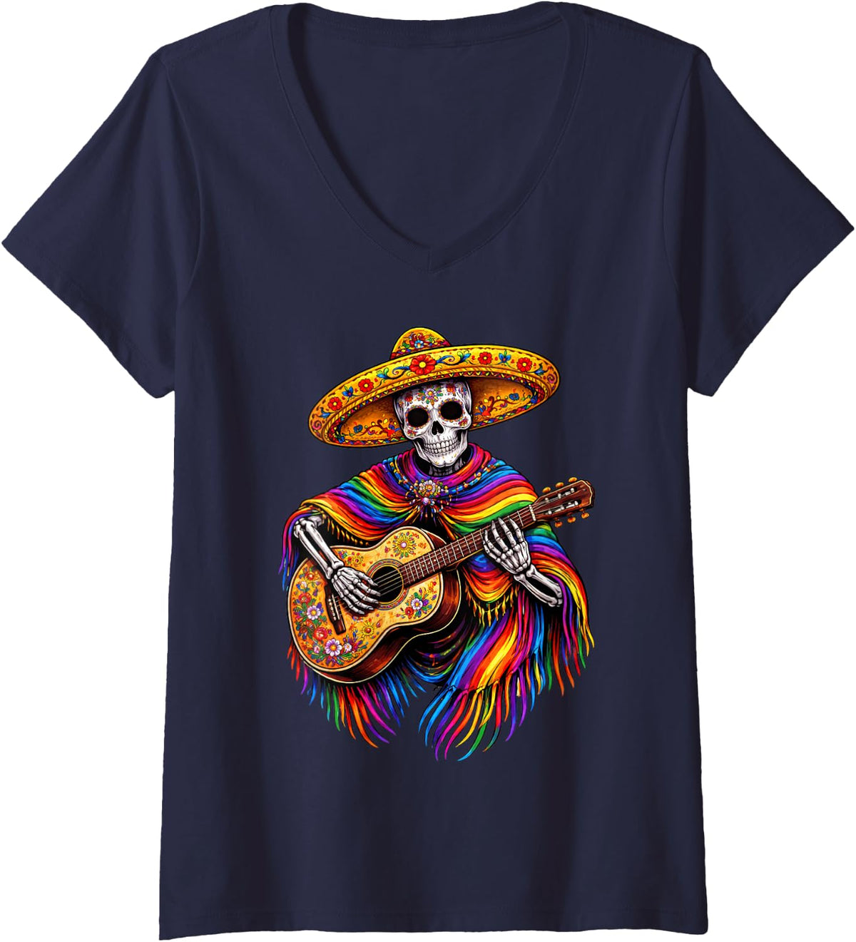 Women's Happy Cinco De Mayo Skeleton Skull Fiesta Sombreros Guitar V-Neck T-Shirt - Navy Blue