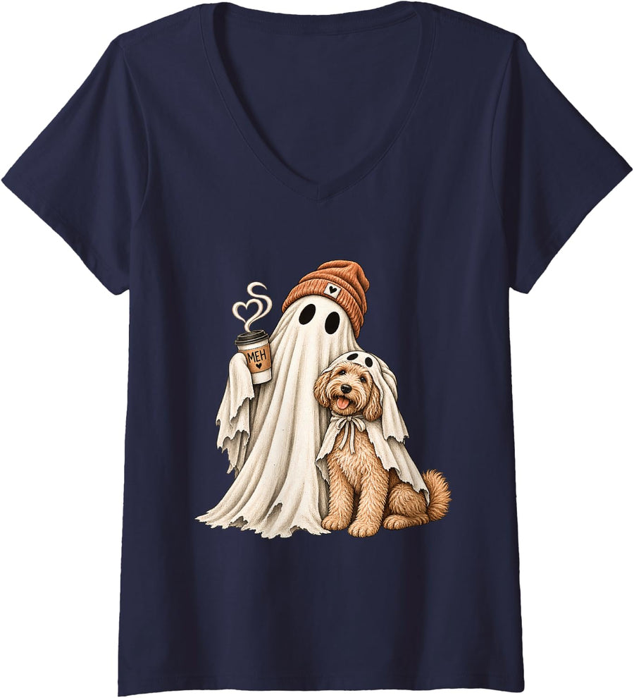 Women's Ghost Coffee Golden Doodle Dog Halloween Costume Cavapoo V-Neck T-Shirt - Navy Blue