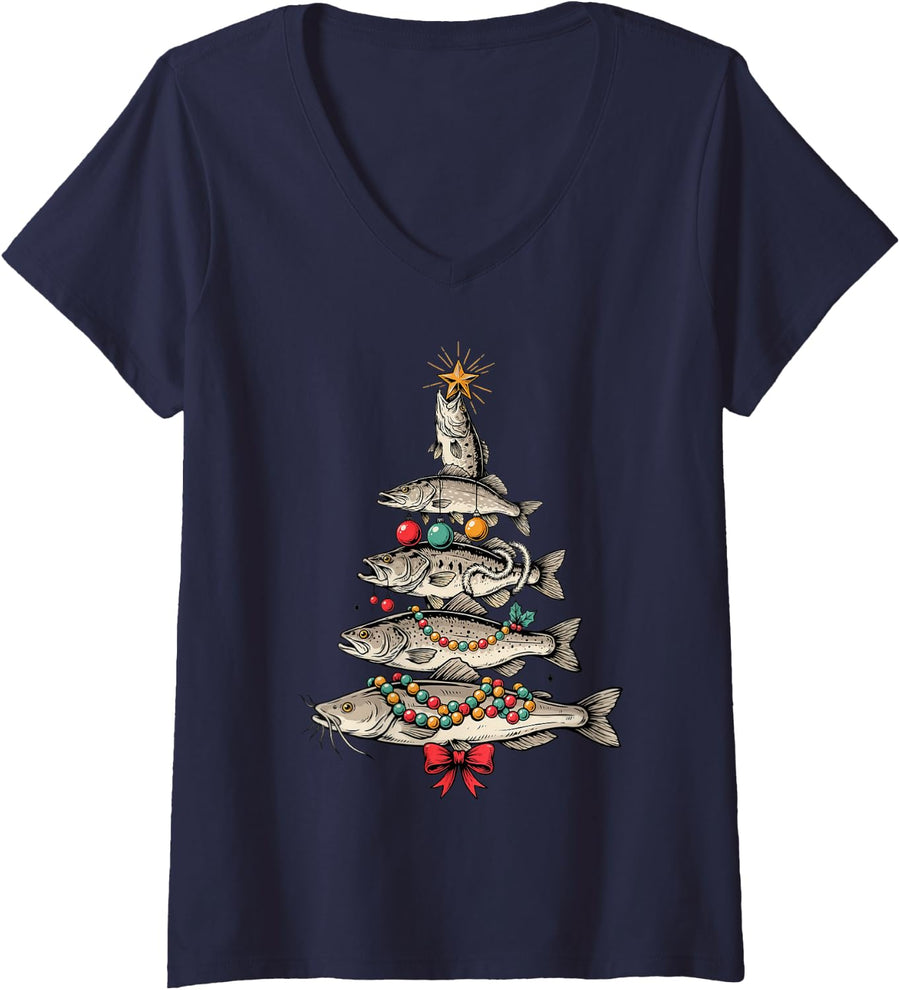 Women's Fish Christmas Tree Fishing Xmas Tree Angler V-Neck T-Shirt - Navy Blue