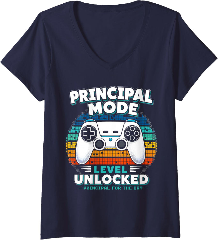 Women's Principal for The-Day Elementary School Student Gamer Boys V-Neck T-Shirt - Navy Blue