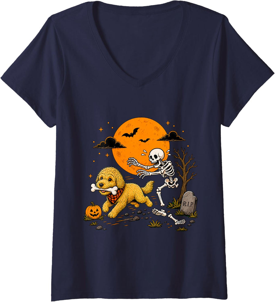 Women's Halloween Dog Skeleton Funny Goldendoodle Men Women V-Neck T-Shirt - Navy Blue