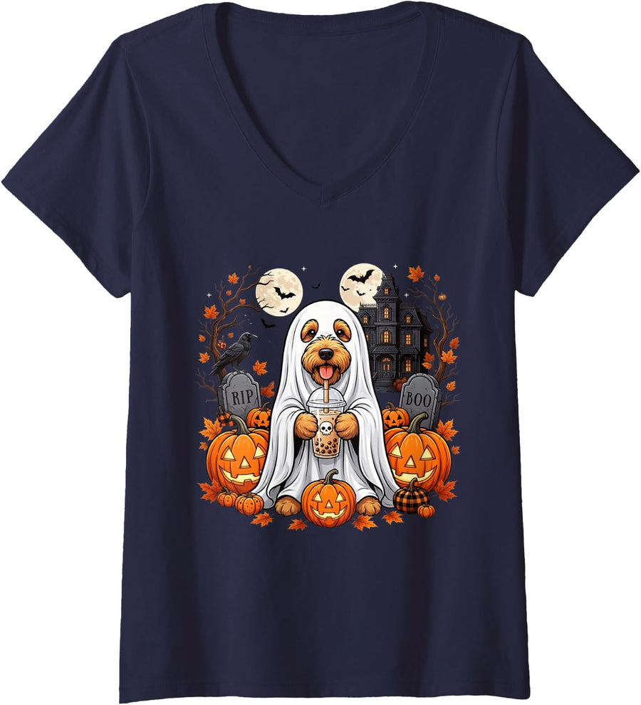 Women's Goldendoodle Ghost and Boba Cute Halloween Dog Humor Vintage V-Neck T-Shirt - Navy Blue