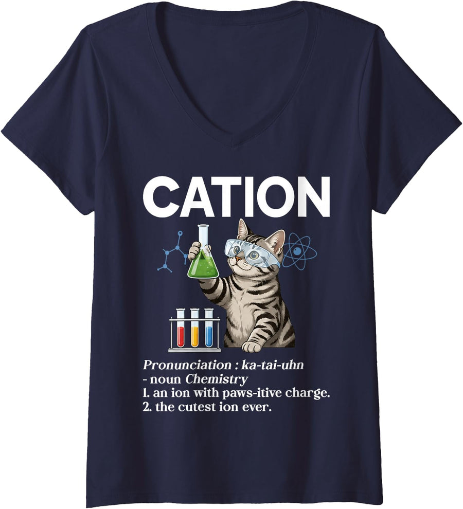 Women's Cation Chemistry Cat Funny Science Nerd Physics Chemistry V-Neck T-Shirt - Navy Blue