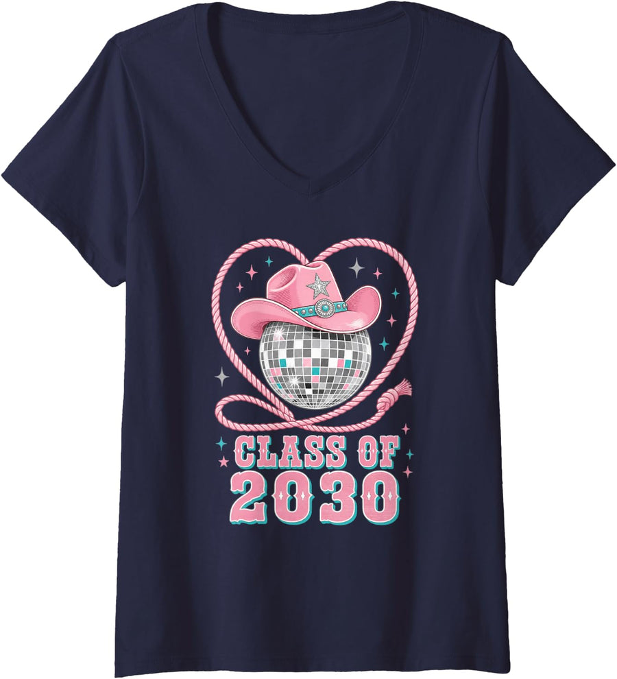 Women's Class of 2030 Cowgirl Hat Disco Ball Country School Freshman V-Neck T-Shirt - Navy Blue