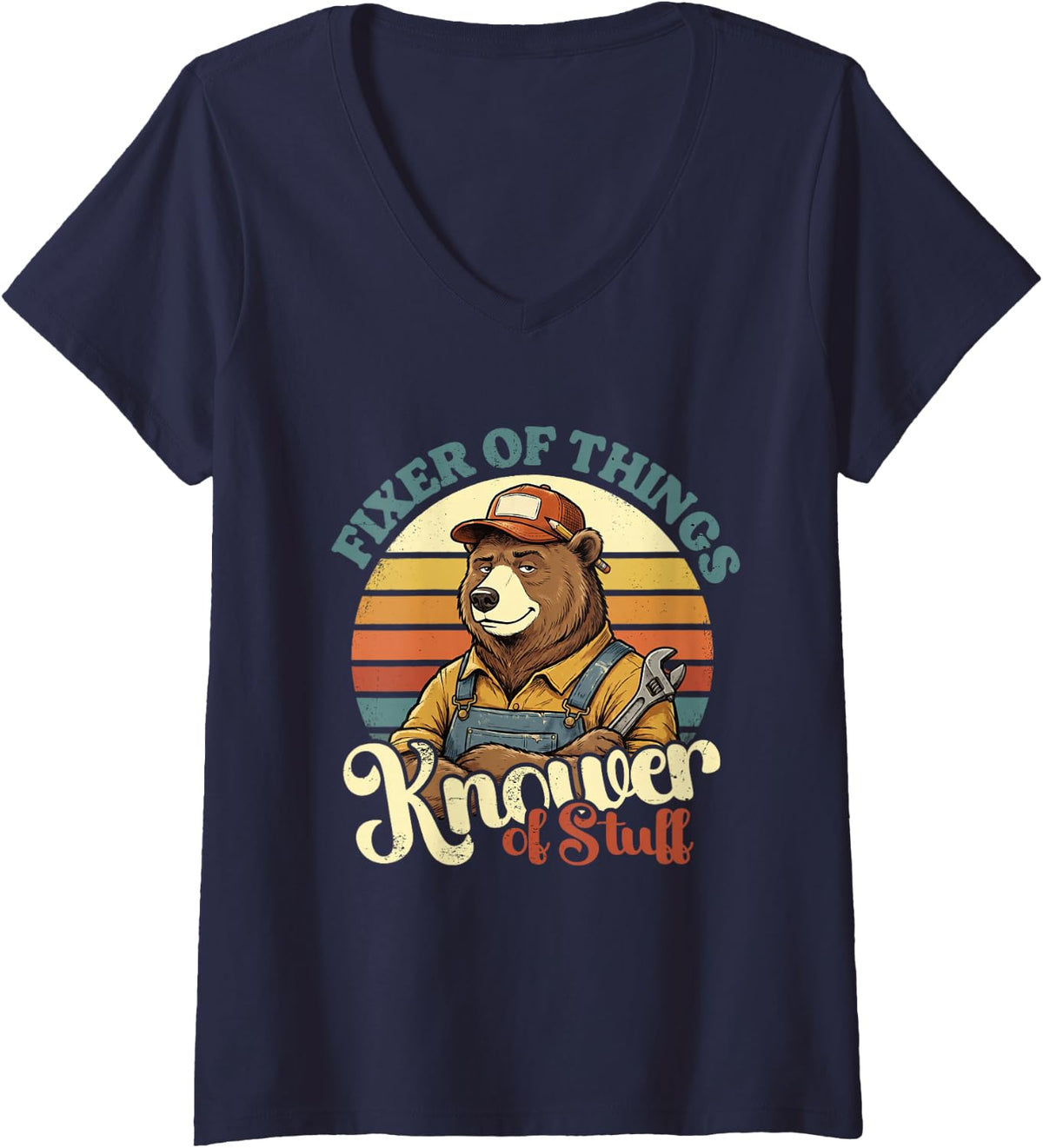 Women's Knower of Stuff Fixer of Things Handyman Funny genX Bear Dad V-Neck T-Shirt - Navy Blue