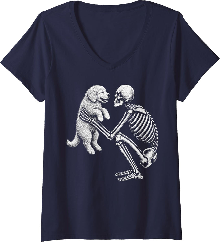 Women's Skeleton Holding Goldendoodle Retro Halloween Dog V-Neck T-Shirt - Navy Blue