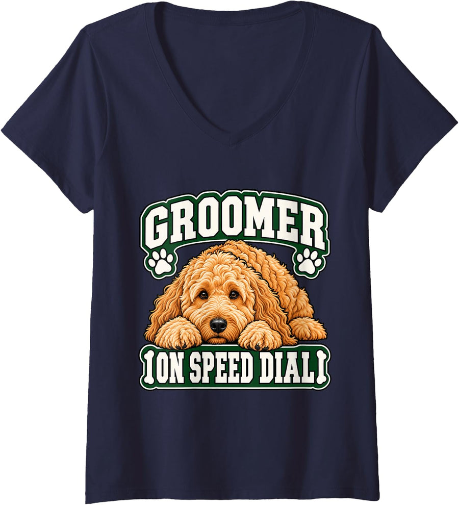 Women's Goldendoodle Groomer On Speed Dial Dog Dad Funny Curly V-Neck T-Shirt - Navy Blue