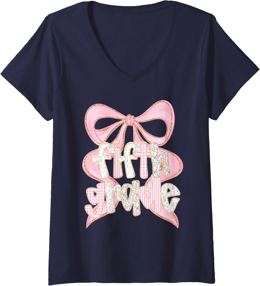 Women's Preppy Fifth Grade Teacher 5th Grade Floral Coquette Bow V-Neck T-Shirt - Navy Blue