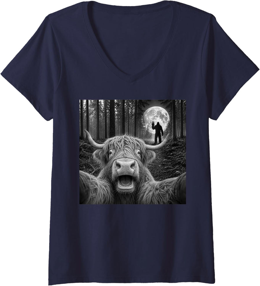 Women's Highland Cow Selfie with Bigfoot Peace Sign Sasquatch V-Neck T-Shirt - Navy Blue