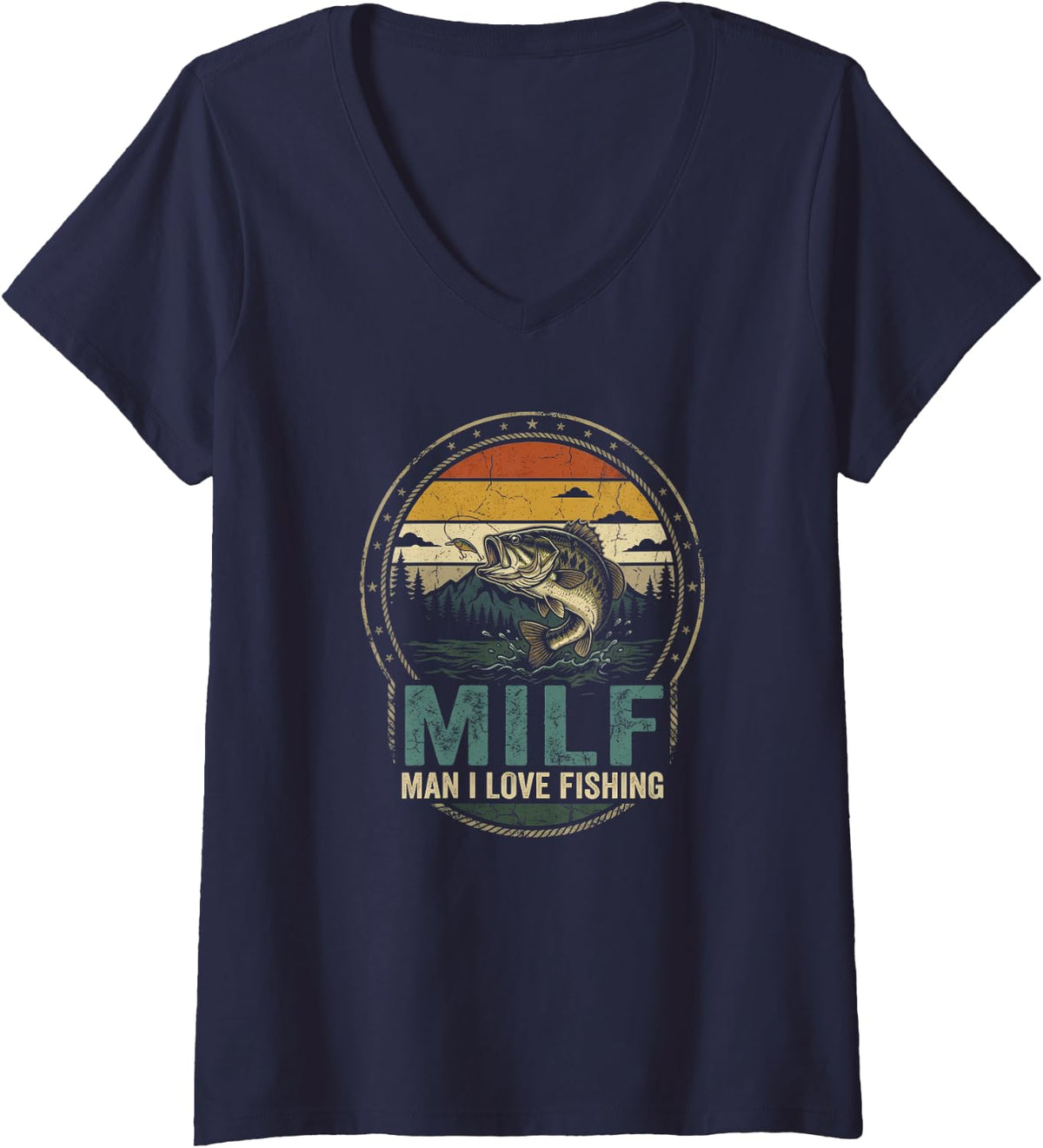 Women's Fishing Girl Angler Challenge Largemouth Bass Lake Humor V-Neck T-Shirt - Navy Blue