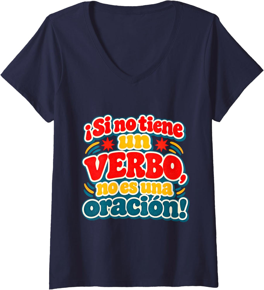Women's Spanish Teacher Teacher: Vintage Funny Grammar V-Neck T-Shirt - Navy Blue