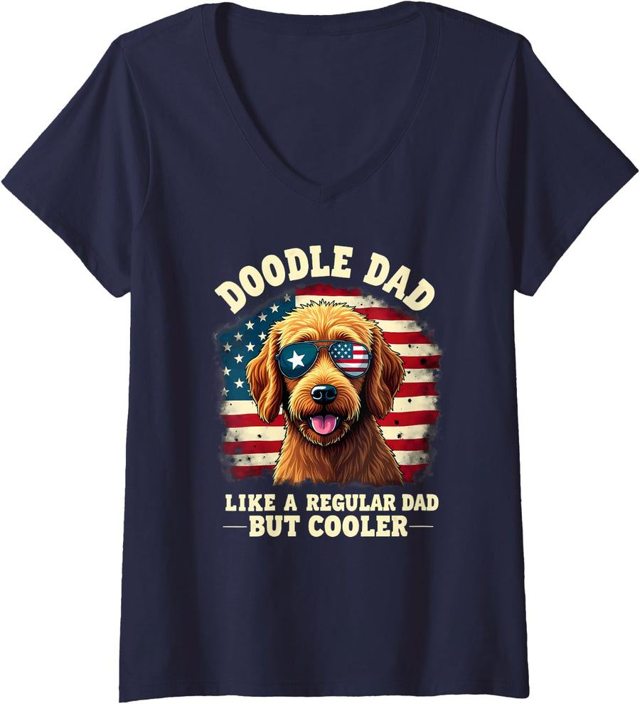 Women's US Flag Doodle Dad Like A Regular Dad But Cooler V-Neck T-Shirt - Navy Blue