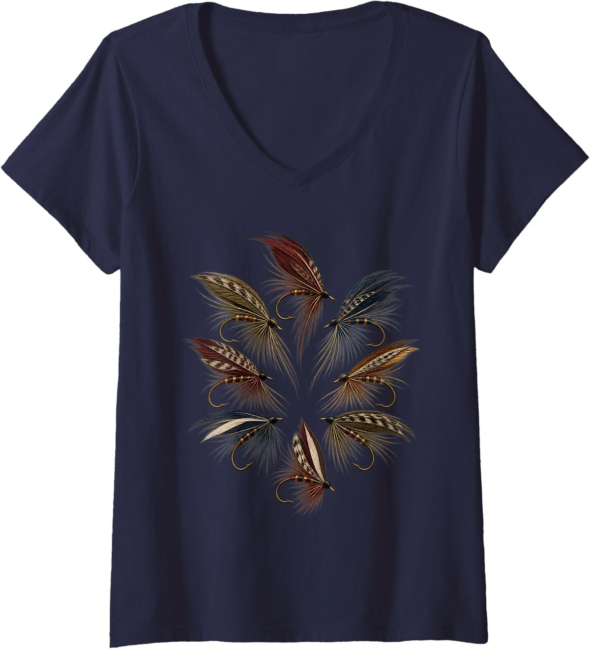Women's Classic Fly Fishing Lures Fly Tying Trout Angler V-Neck T-Shirt - Navy Blue