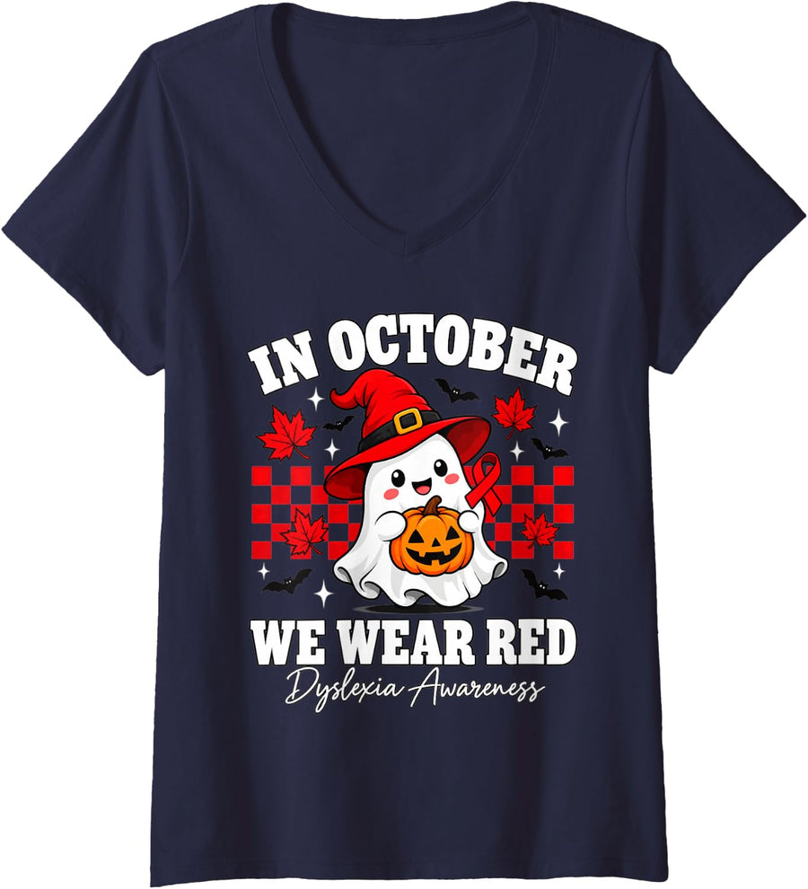 Women's in October We Wear Red Dyslexia Awareness Ghost Halloween V-Neck T-Shirt - Navy Blue