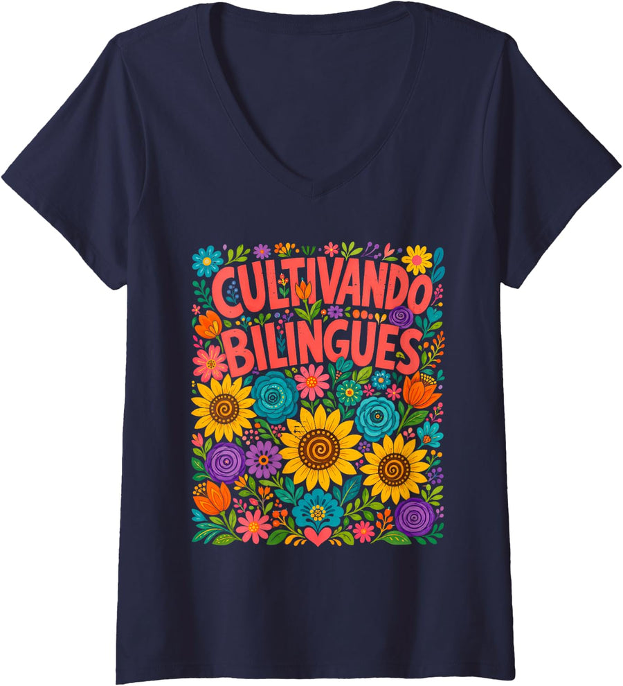 Women's Cultivando Bilingues Floral Spanish Teacher Bilingual Pride V-Neck T-Shirt - Navy Blue