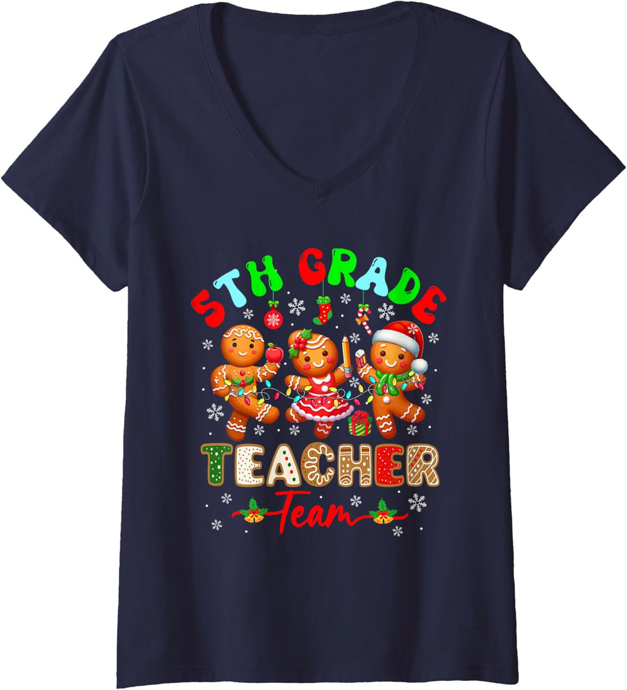Women's 5th Grade Teacher Team Christmas Three Gingerbreads Students V-Neck T-Shirt - Navy Blue