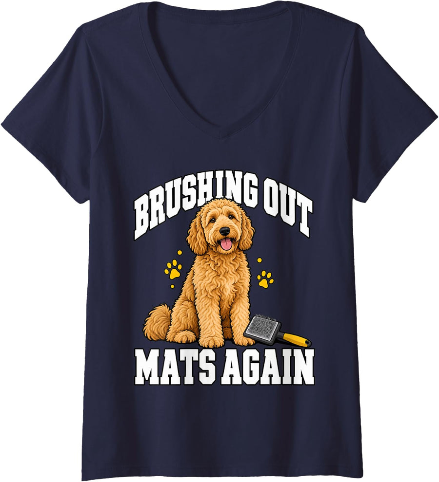 Women's Goldendoodle Brushing Out Mats Again Doodle Mom Funny Puppy V-Neck T-Shirt - Navy Blue