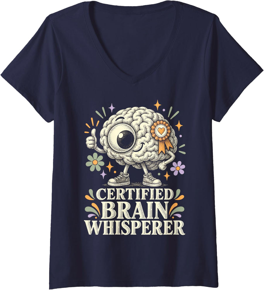 Women's School Psychology Brain Whisperer Funny Psychologist V-Neck T-Shirt - Navy Blue