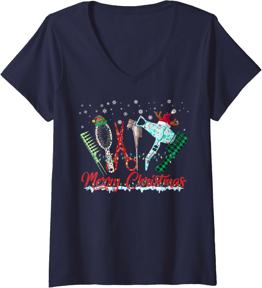Women's Christmas Hairstylist Hairdresser Tools Xmas Barber Ugly V-Neck T-Shirt - Navy Blue