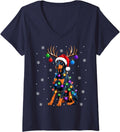 Women's Santa Doberman Pinscher Dog Christmas Lights V-Neck T-Shirt - Navy Blue