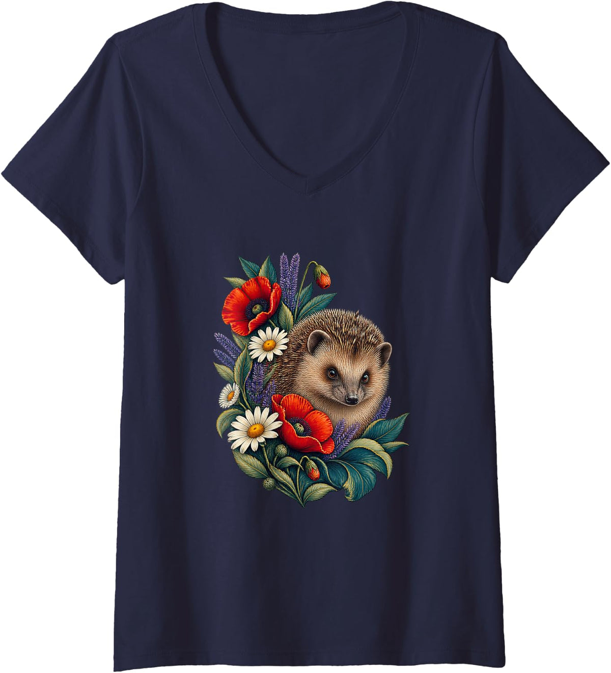 Women's Hedgehog White Daisy Woodblock Illustration V-Neck T-Shirt - Navy Blue