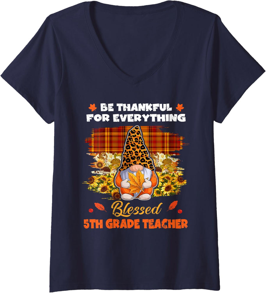 Women's Thankful Blessed 5th Grade Teacher Gnome Thanksgiving V-Neck T-Shirt - Navy Blue