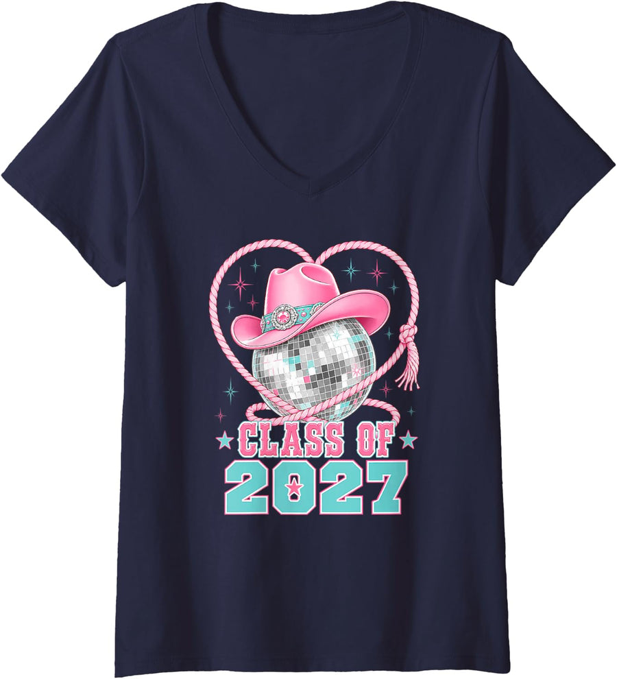 Women's Class of 2027 Cowgirl Hat Disco Ball Western School Senior V-Neck T-Shirt - Navy Blue