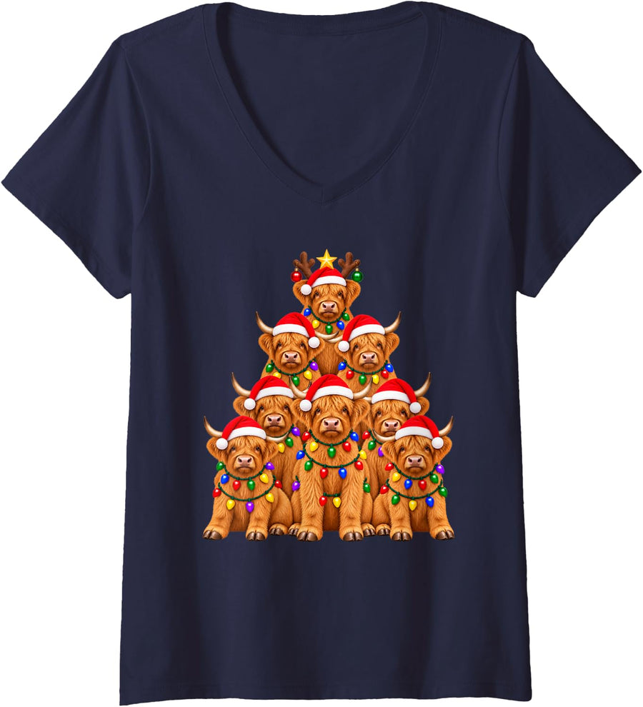 Women's Highland Cow Christmas Tree Lights Matching Family Xmas V-Neck T-Shirt - Navy Blue
