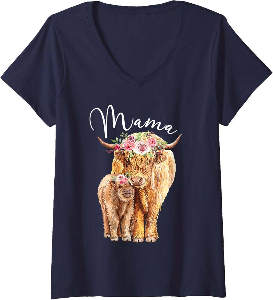 Womens Mama Highland Cow With Baby Calf Floral Mothers Day Mom Gift V-Neck T-Shirt - Navy Blue