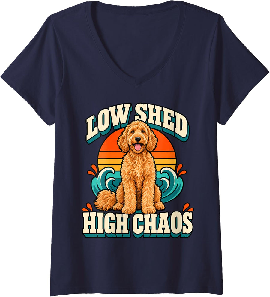 Women's Goldendoodle Low Shed High Chaos Dog Mom Funny Curly V-Neck T-Shirt - Navy Blue