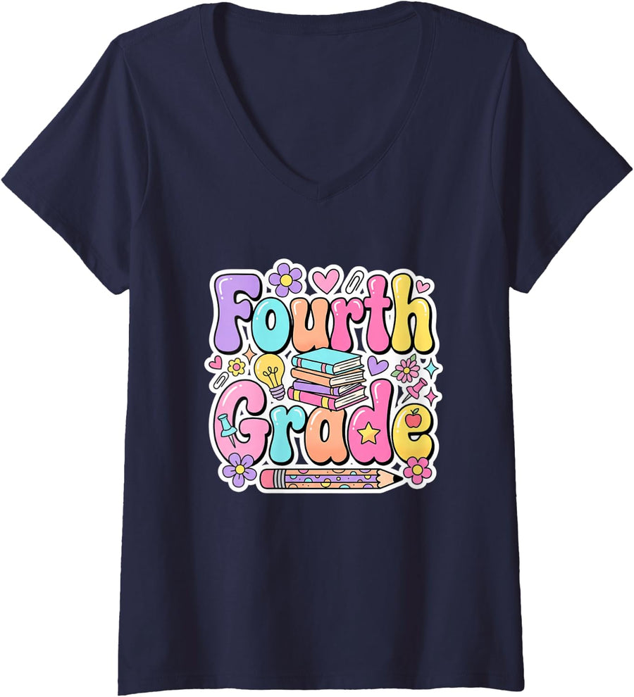 Women's Fourth Grade Back to School Retro Groovy Girls Teacher V-Neck T-Shirt - Navy Blue